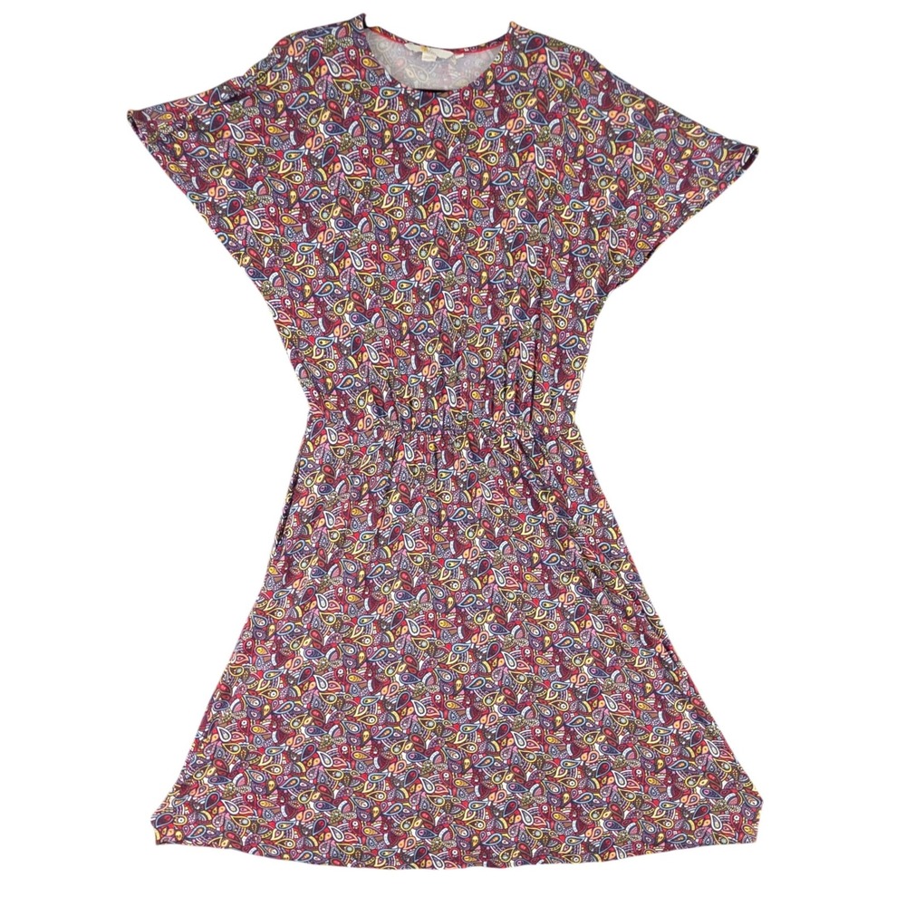 Boden Women Paisley Print Short Sleeve Elastic Waist Dress Red Blue US 10L D0113